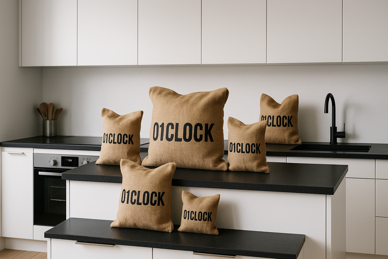 creame una imagen de una cocina  con meceta negra  gaveteros blancos y ensima de las mecetas sacos de cafe con un logo que diga 01CLOCK